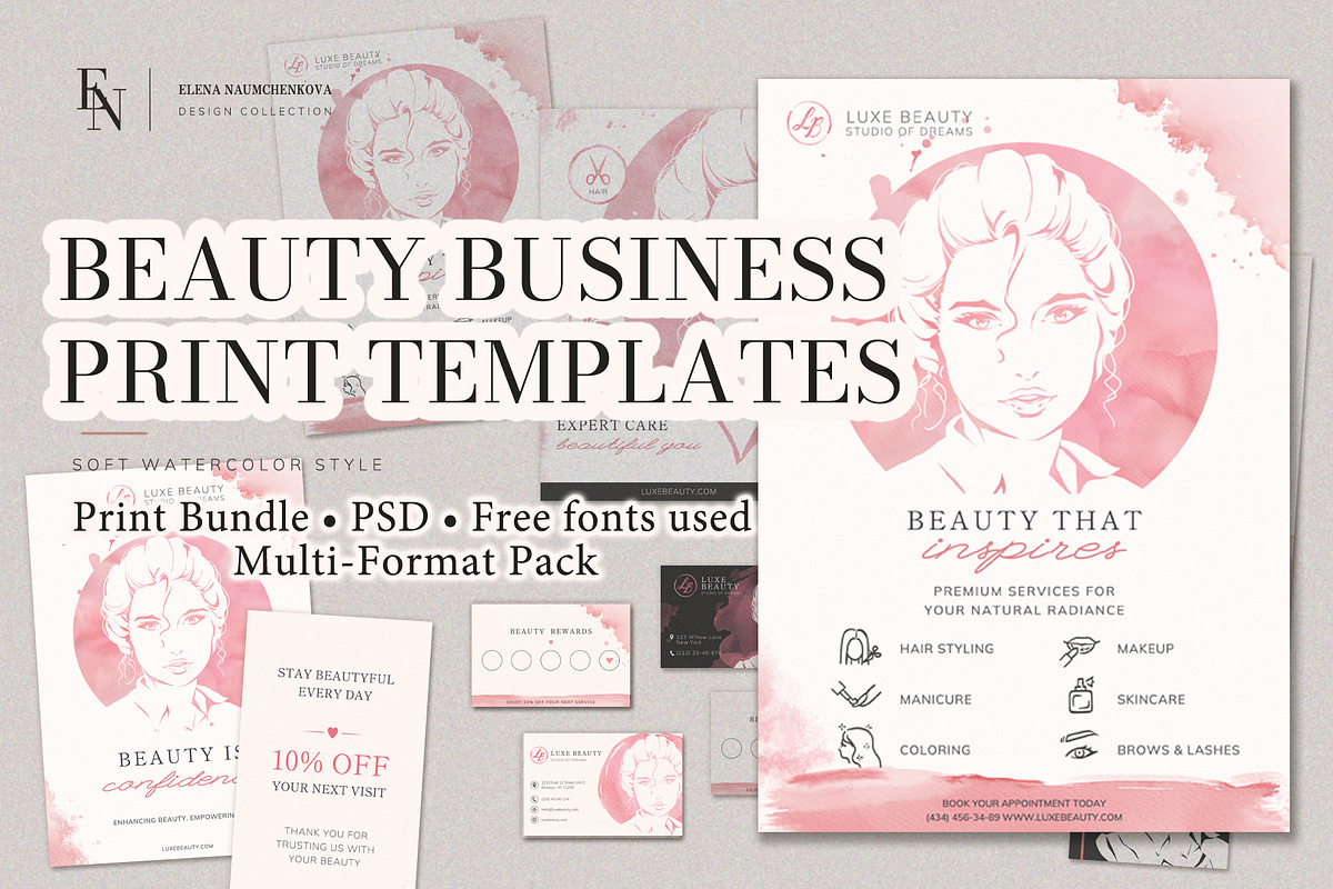 Beauty Branding PSD Template Set, a Branding & Logo Template by Elena Naumchenkova (Photo 1 of 4)