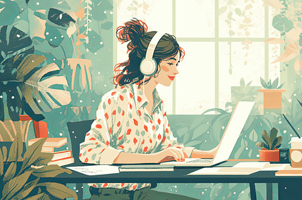 Focused student studying with headphones in a cozy home office, an Illustration by AS photostudio