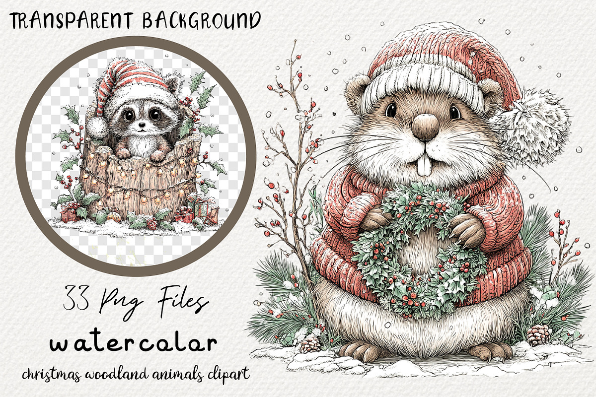 Christmas Woodland Animals Watercolo, a Transportation Illustration by Digital Artistic99 (Photo 1 of 7)