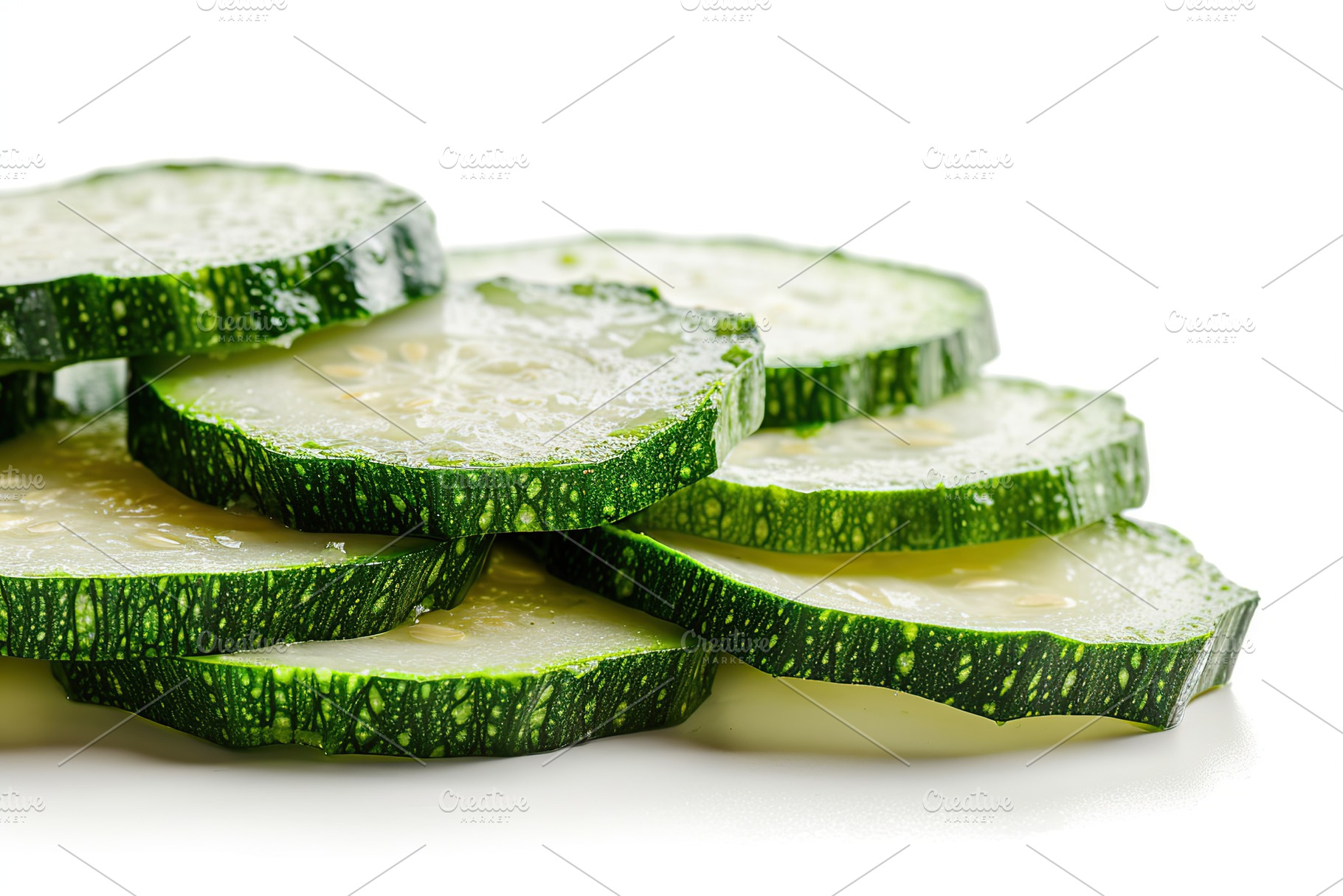 Green sliced zucchini isolated on white background, a Food & Drink Photo by AlyaAnd