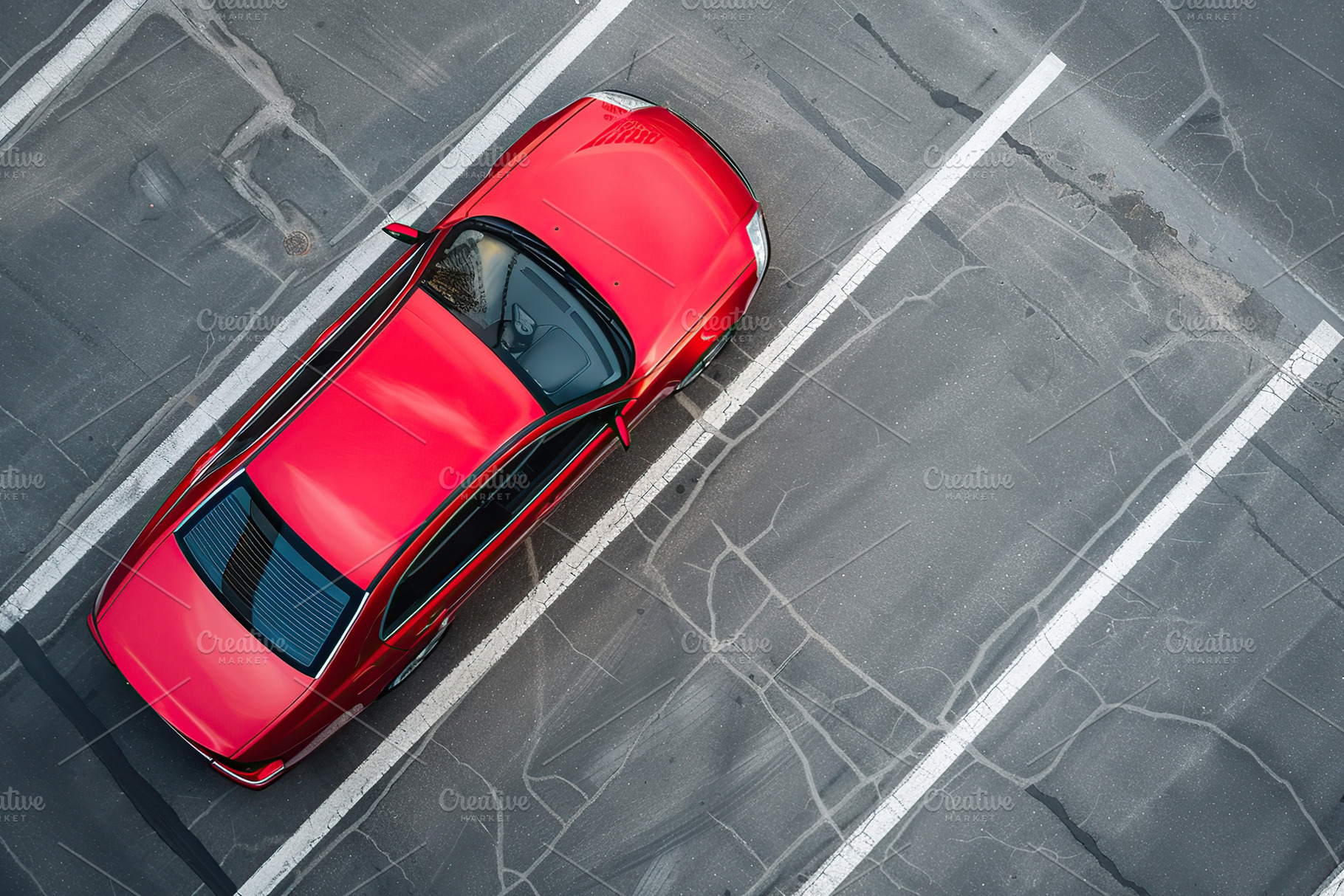 Aerial view of red car parked in the parking lot, a Transportation Photo by AlyaAnd