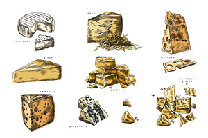 Vector watercolor set of cheese, a Food Illustration by Sabelskaya