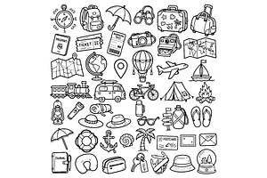 Set of travel outline doodle signs