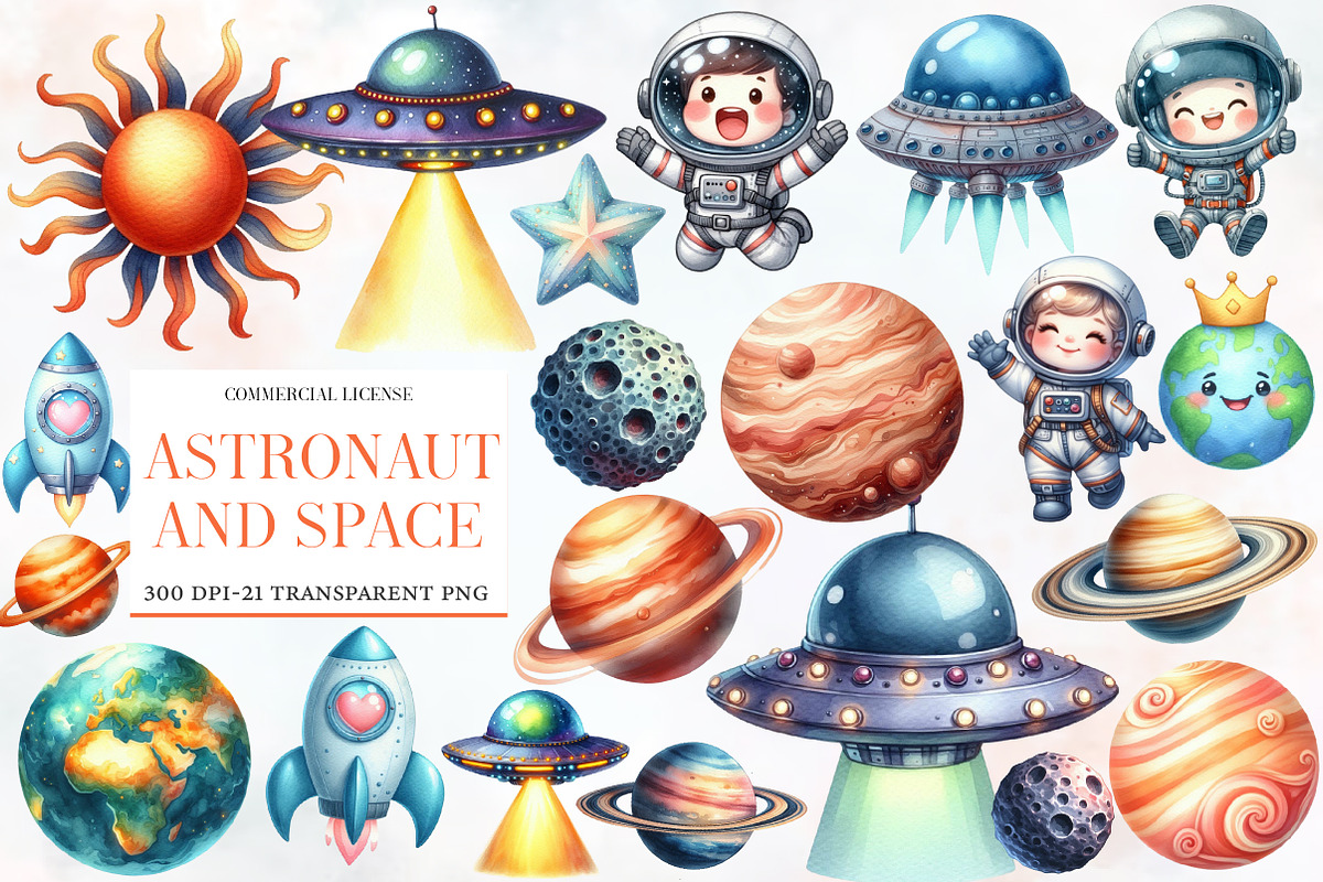 Astronaut and Space Watercolor Clipa, an Illustration by Designworld (Photo 1 of 7)