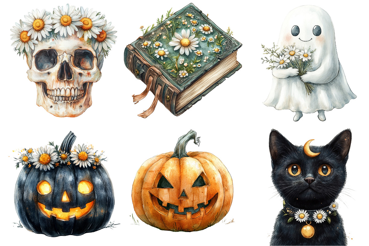 Daisy Flower & Halloween Clipart, an Illustration by Watercolor design (Photo 4 of 4)