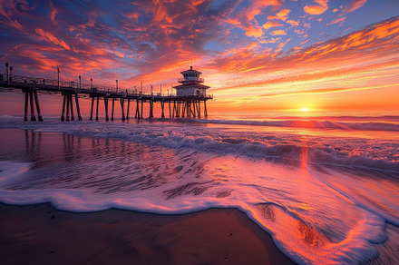 A vibrant sunset paints the sky with, a Photo by Tanuart