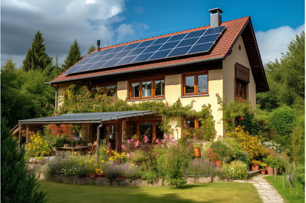 Solar panel house. Generate Ai, an Industrial Photo by Ylivdesign