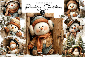 Watercolor Peeking Christmas Snowman, an Illustration by CreationArt