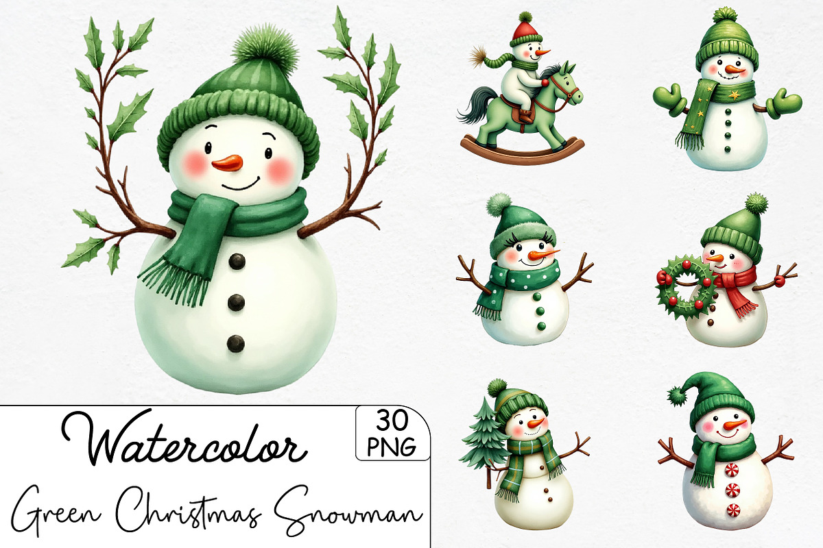 Green Christmas Snowman Clipart PNG, an Illustration by CrexoraLab (Photo 1 of 5)
