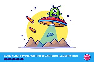 Cute Alien Flying With UFO Cartoon