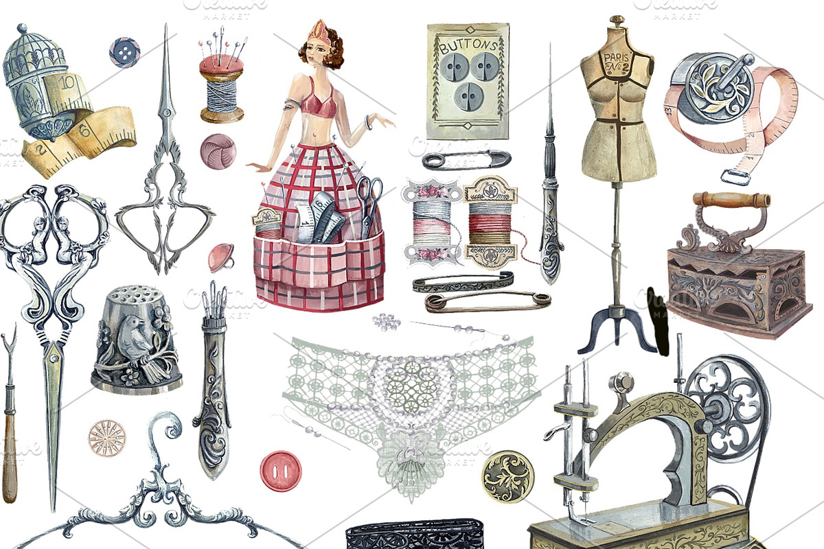 Watercolor vintage sewing kit, an Illustration by AkvarelRiver (Photo 2 of 15)