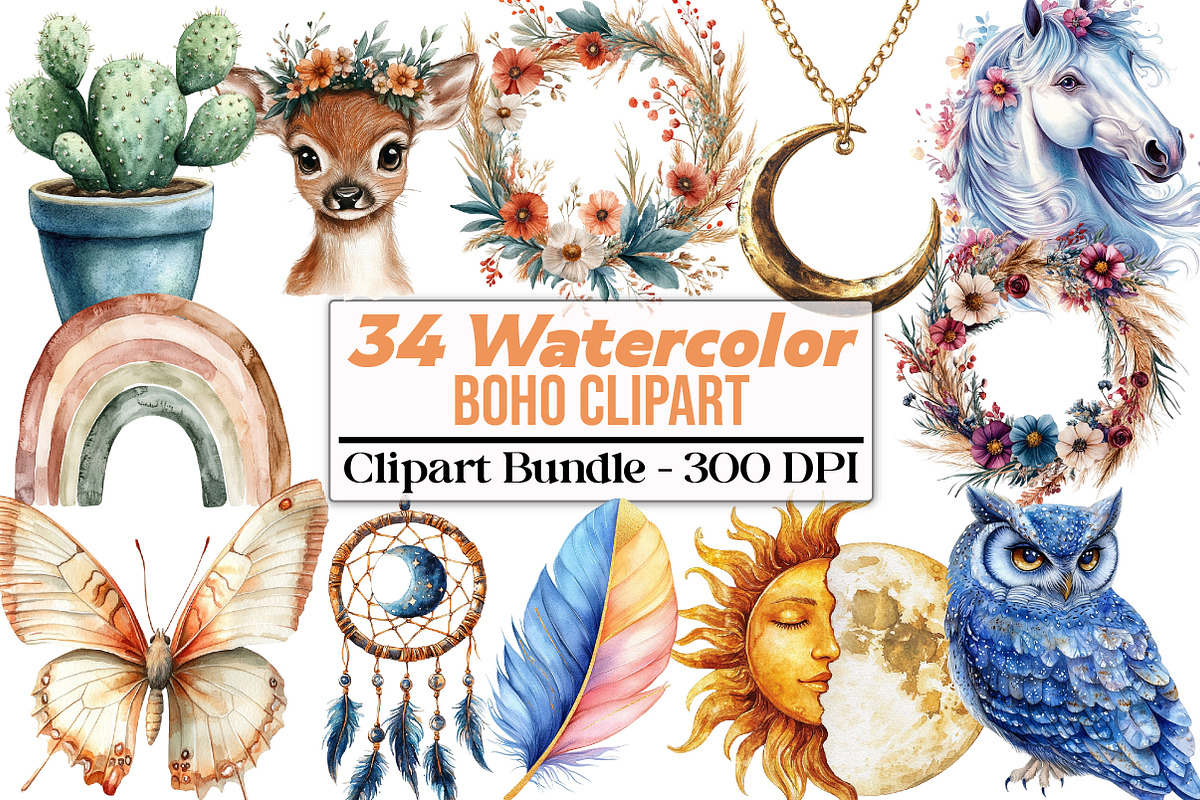 Watercolor Boho Clipart, an Illustration by DreamCafeArt (Photo 1 of 5)