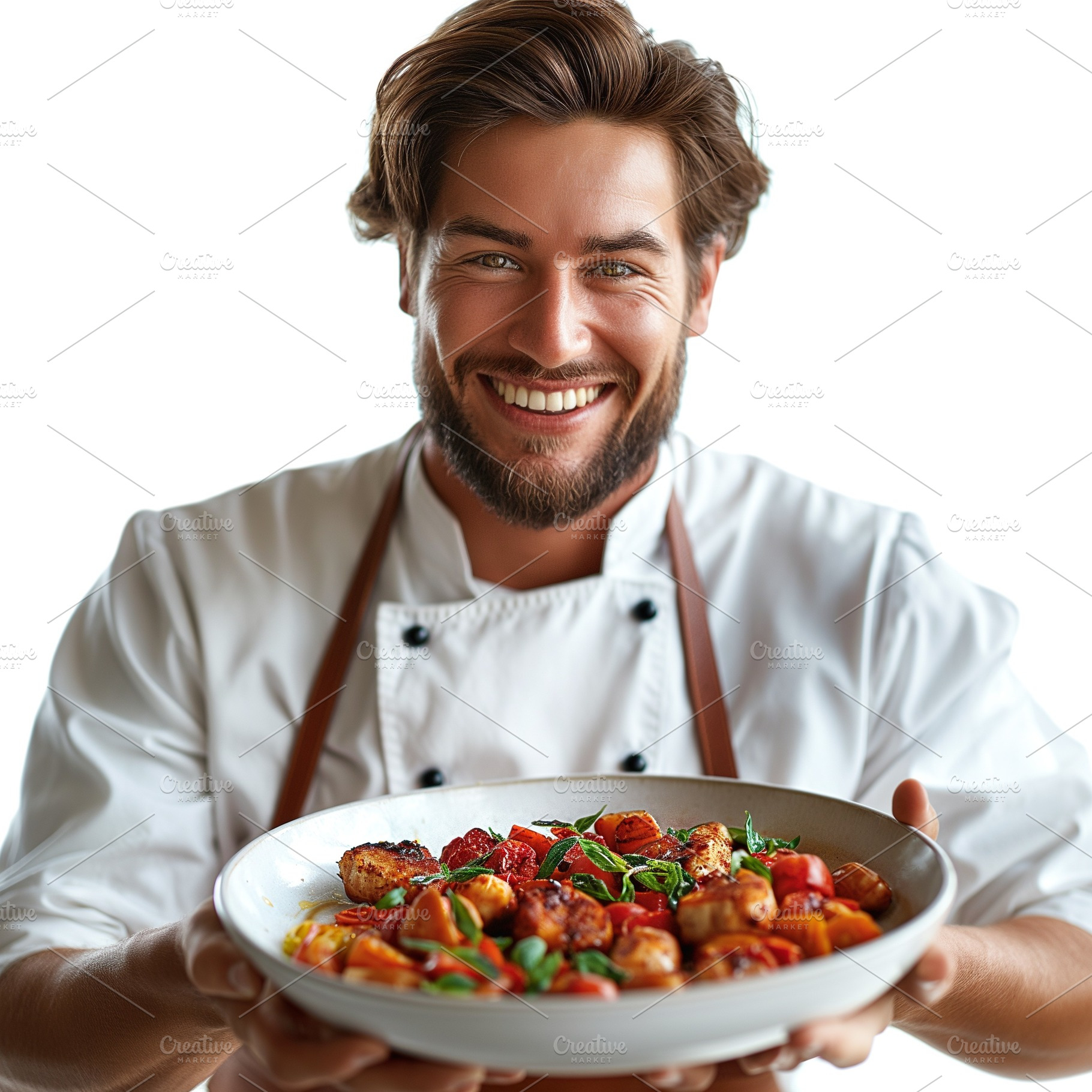 Smiling male chef presenting a colorful pasta dish, showcasing his culinary ski, a Person Photo by ImageMir