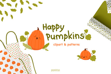 Happy pumpkins. Clipart and patterns