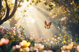 Summer spring flowers with flying butterfly on blurred nature background, a Nature Photo by AlyaAnd