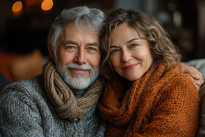 Smiling couple cozy together in warm, a Photo by Tanuart