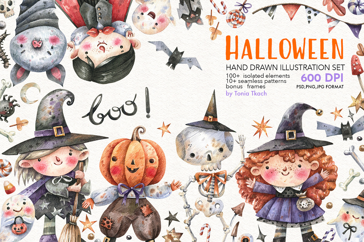 Halloween Characters, a Seasonal Illustration by Watercolor by Tonia Tkach (Photo 1 of 7)
