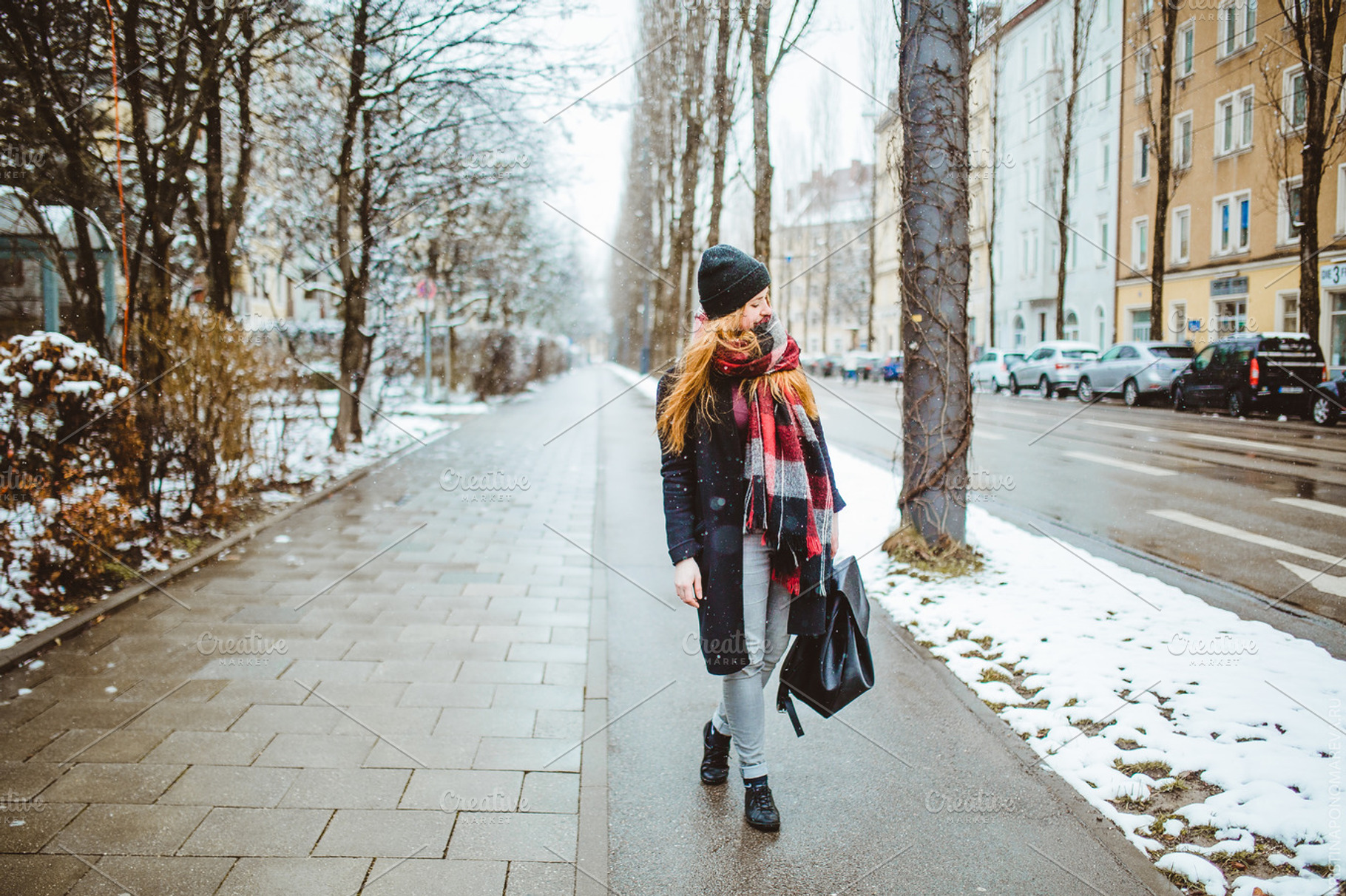 Cozy winter lifestyle containing girl on snowy street, stylish girl, and, a Person Photo by Graphics, Presets, Photos