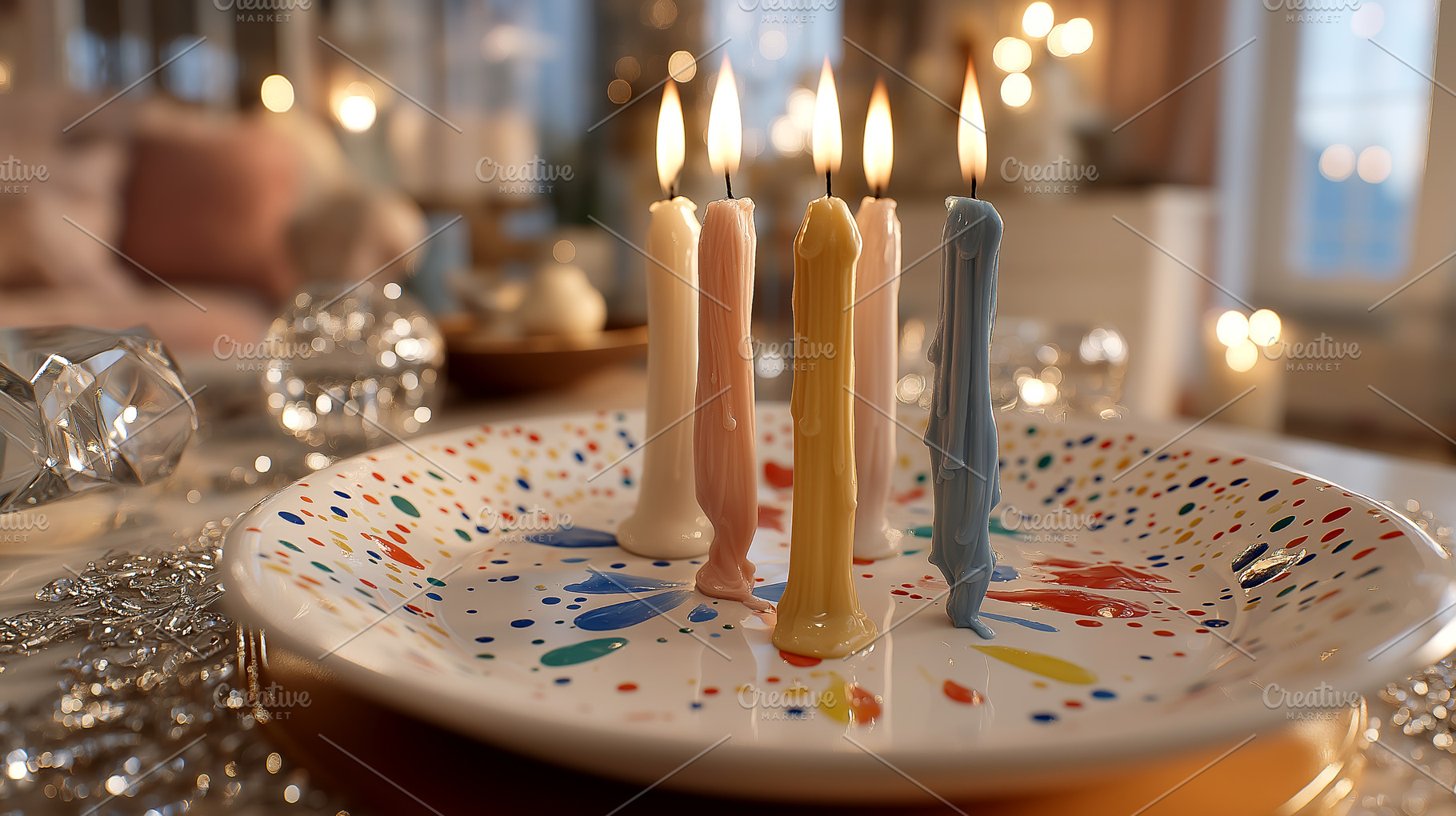 Colorful Artistic Candles on Decorative Plate Creating Warm Ambiance in Cozy Li, an Arts & Entertainment Photo by Ocean Digital Art