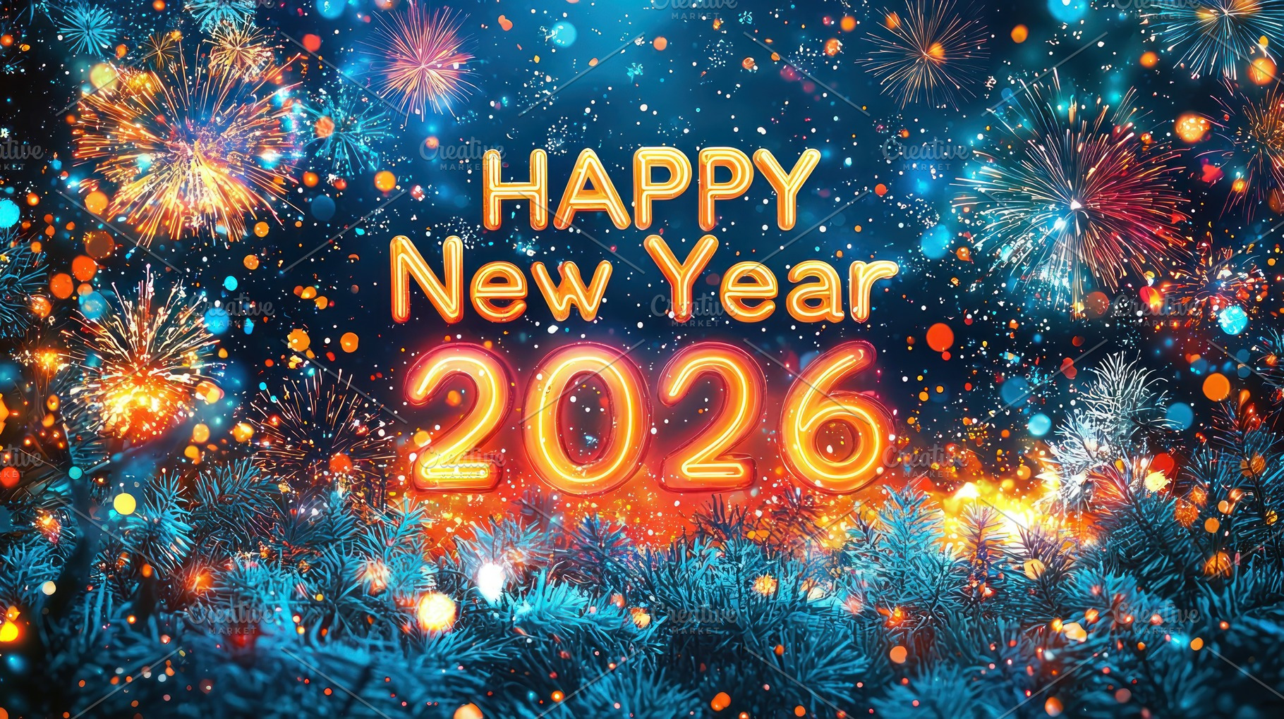 Happy new year 2026 glowing text with fireworks bokeh and snowy, a Background Photo by José Manuel Gelpi