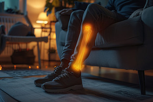Man sitting at home with glowing pain in the calves, a Health & Medical Photo by AlyaAnd
