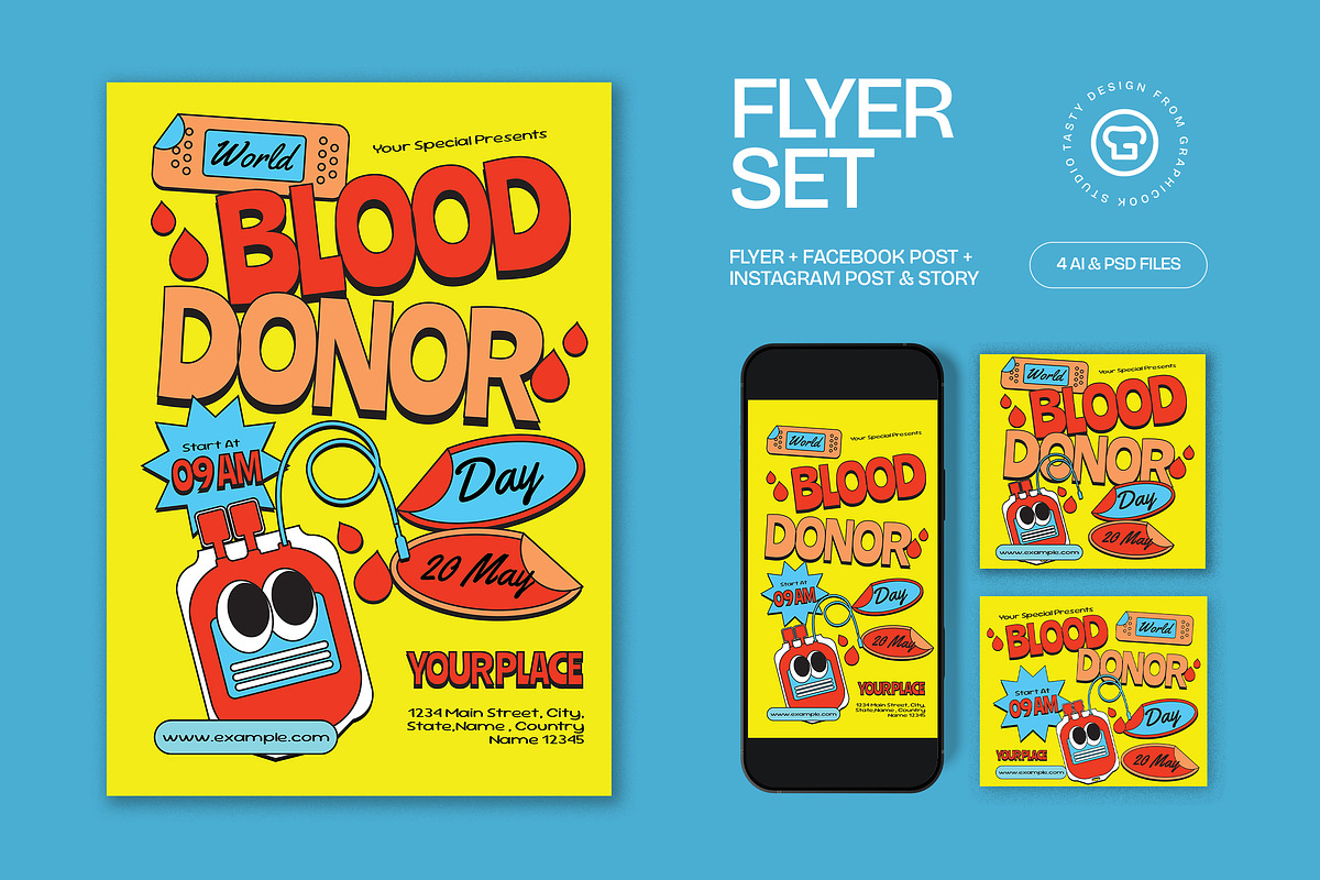 Yellow Blood Donor Day Flyer Set, a Flyer Template by graphicook (Photo 1 of 3)