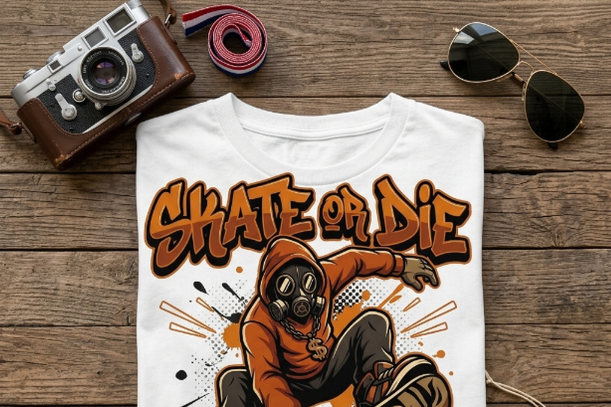 Skate Or Die Gas Mask Rider, a Shirt Mockup by Vector Stall (Photo 2 of 14)