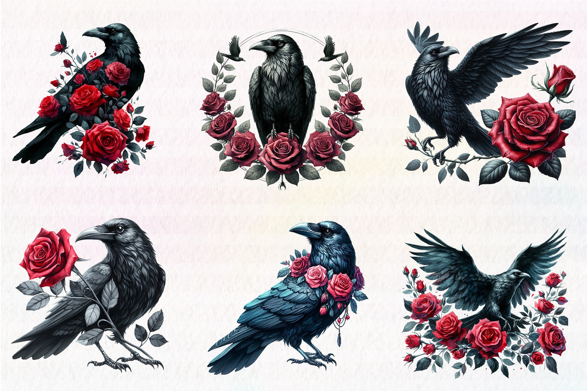 Watercolor Raven and Red Roses, an Illustration by CreationArt (Photo 2 of 5)