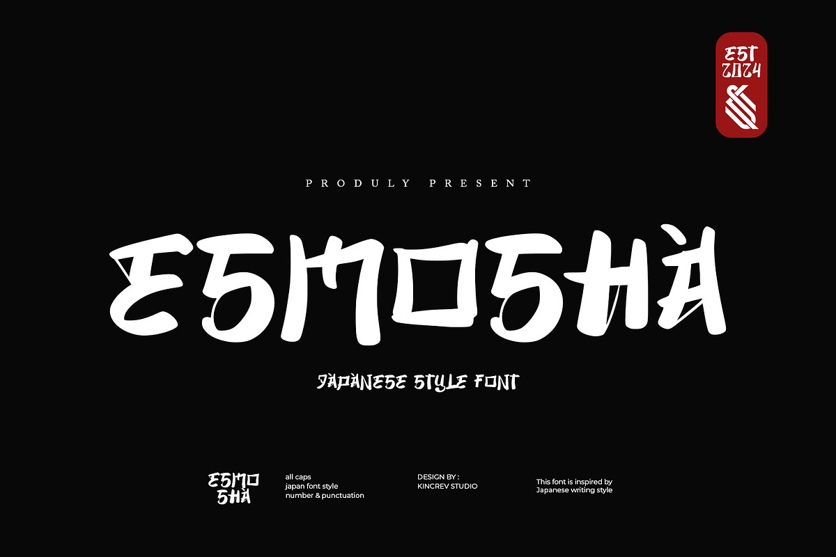 ESMOSHA - Japanese Style Font, a Handwritten Font by Kincrev Studio (Photo 1 of 7)
