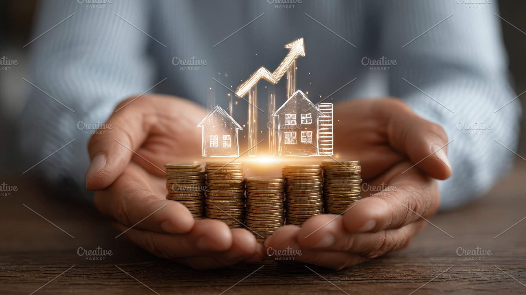 Hands holding coins with rising hous, a Photo by Pixeness Studio