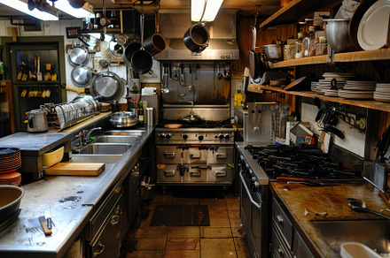 A busy restaurant kitchen with stain, a Photo by Tanuart