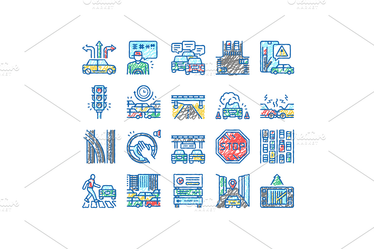 Traffic Jam Transport set Icons hand, an Object Illustration by pikepicture