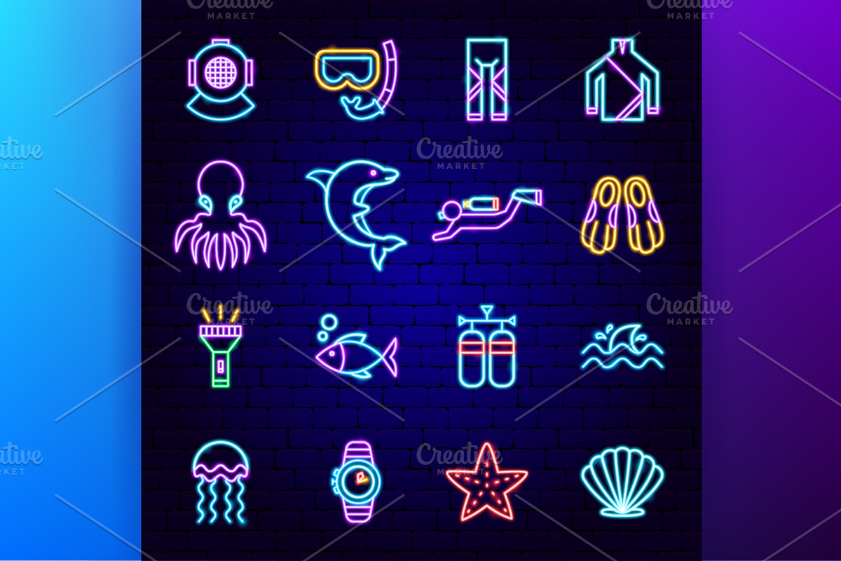 Scuba Diving Neon Vector Icons, an Outline Icon by Anna_leni (Photo 3 of 9)