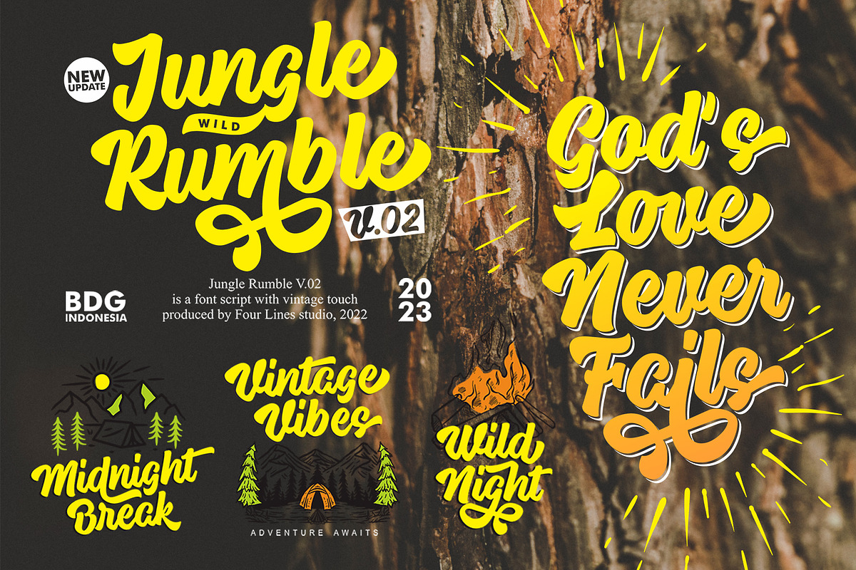 Jungle Rumble - Retro script Font, a Script Font by Four Lines Std. (Photo 11 of 11)