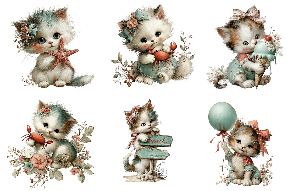 Whimsical Summer Cat Clipart, an Illustration by CreationArt (Photo 6 of 7)