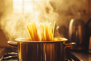 Cooking spaghetti pasta in hot boiling water with steam rising f, a Photo by Studio ANNA