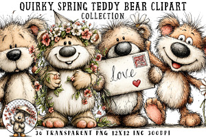 Quirky Spring Teddy Bear Clipart, an Illustration by OK Design