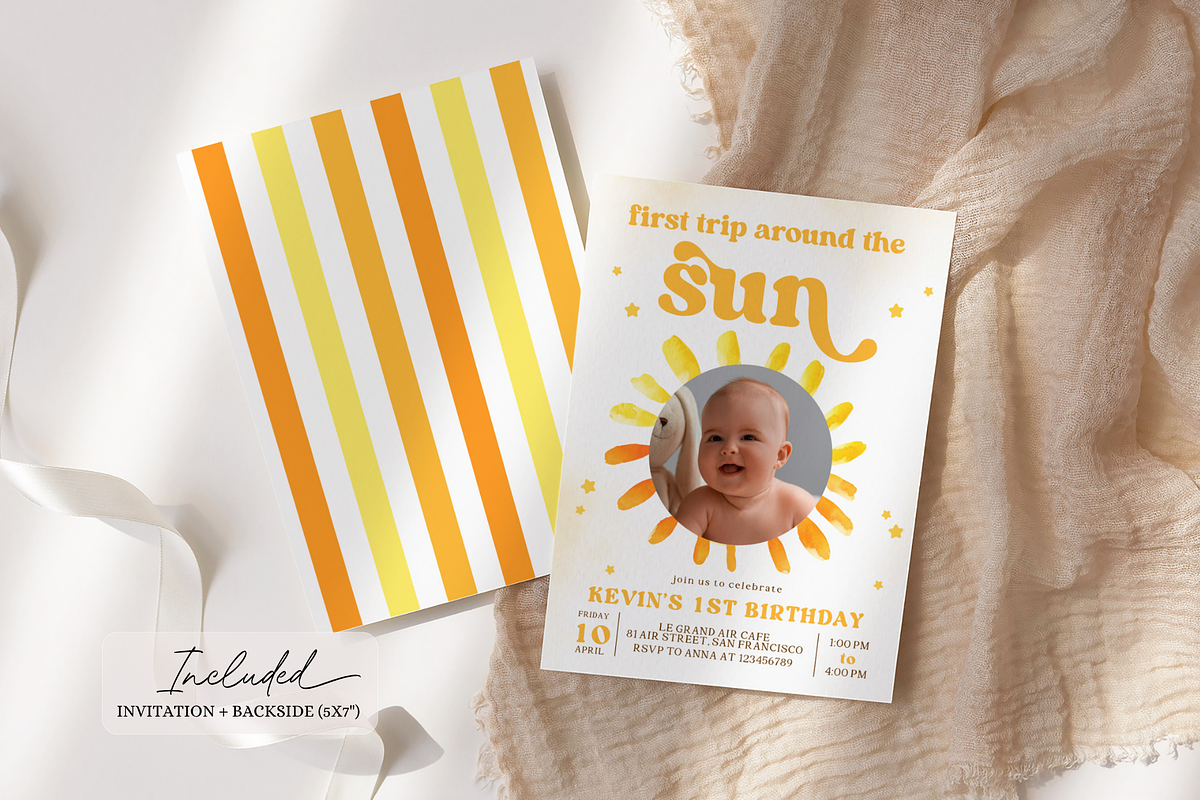 Sunshine First Birthday Photo Invite, a Templates & Theme by VeliusCreativeStudio (Photo 2 of 3)