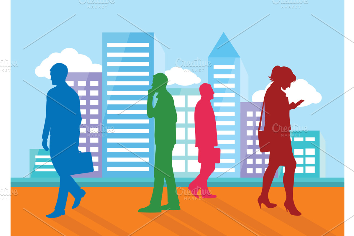 Silhouettes of people going about