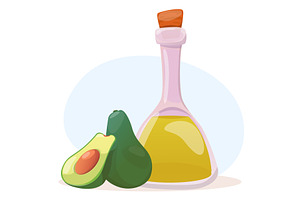 Oil in glass vial next to avocado, a Food Illustration by Vectorbuum
