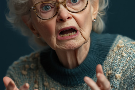An elderly woman with curly white hair and glasses, expressing frustration or a, a Person Photo by Textures & Backgrounds