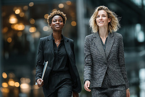 Confident businesswomen walking in modern office environment, showcasing teamwo, a Business Photo by AS photostudio