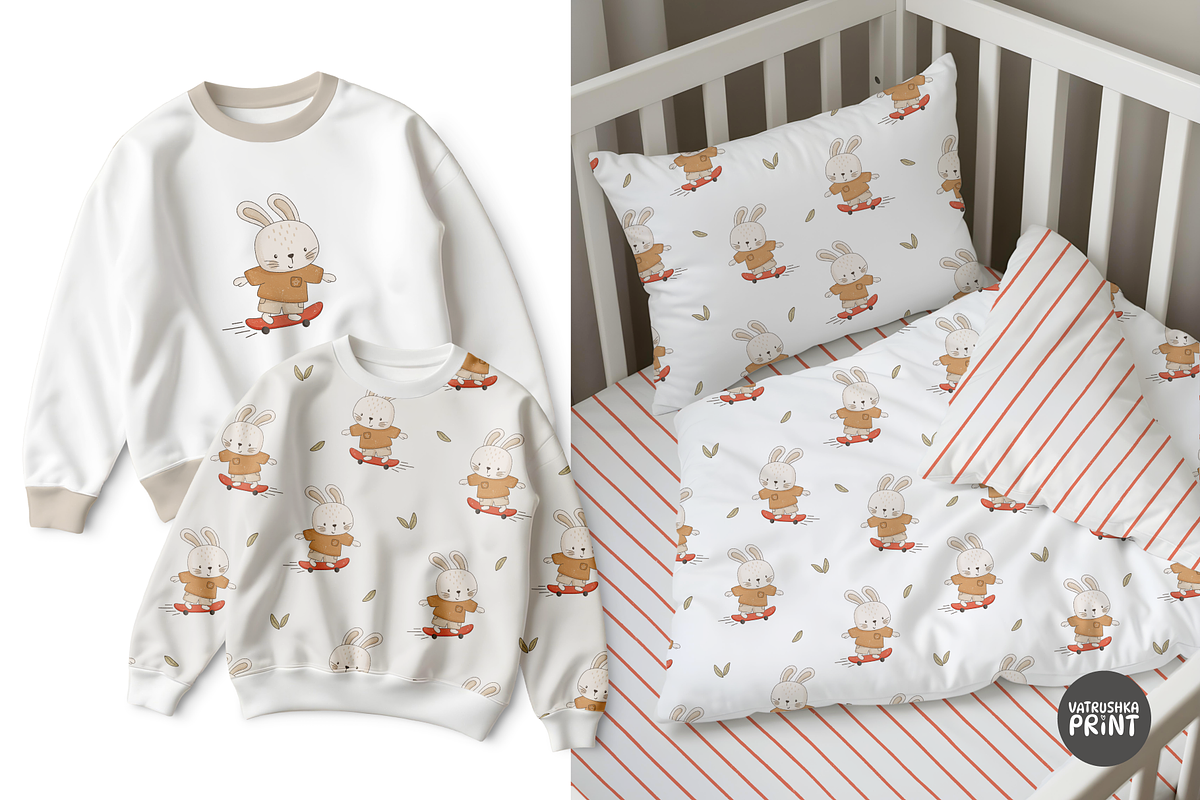 Rabbit Skater seamless patterns, a Pattern Graphic by vatrushkaprint_store (Photo 3 of 4)