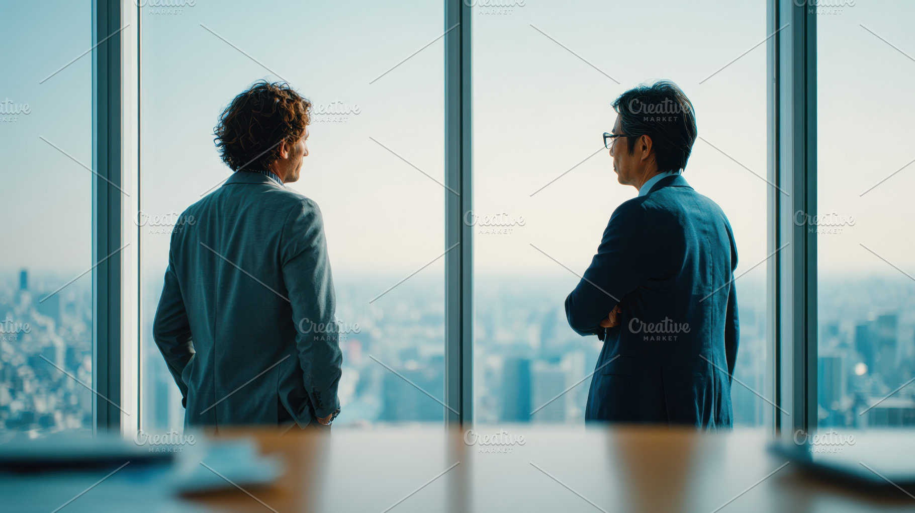 Businessmen discussing strategy with city skyline view, a Business Photo by AlyaAnd