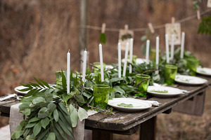 Rustic table setting featuring dinner, dish, and table