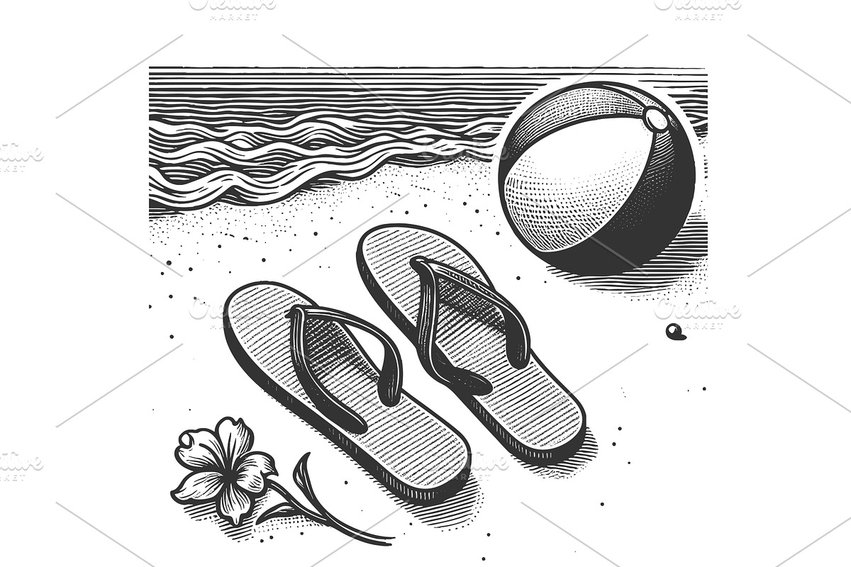 Flip flops and beach ball on summer, an Illustration by AlexArt