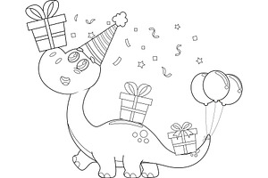 Outlined Cute Birthday Dinosaur, an Illustration by HitToon