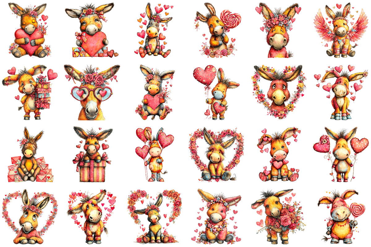 Whimsical Valentine Donkey Clipart, an Illustration by designcity5 (Photo 2 of 5)