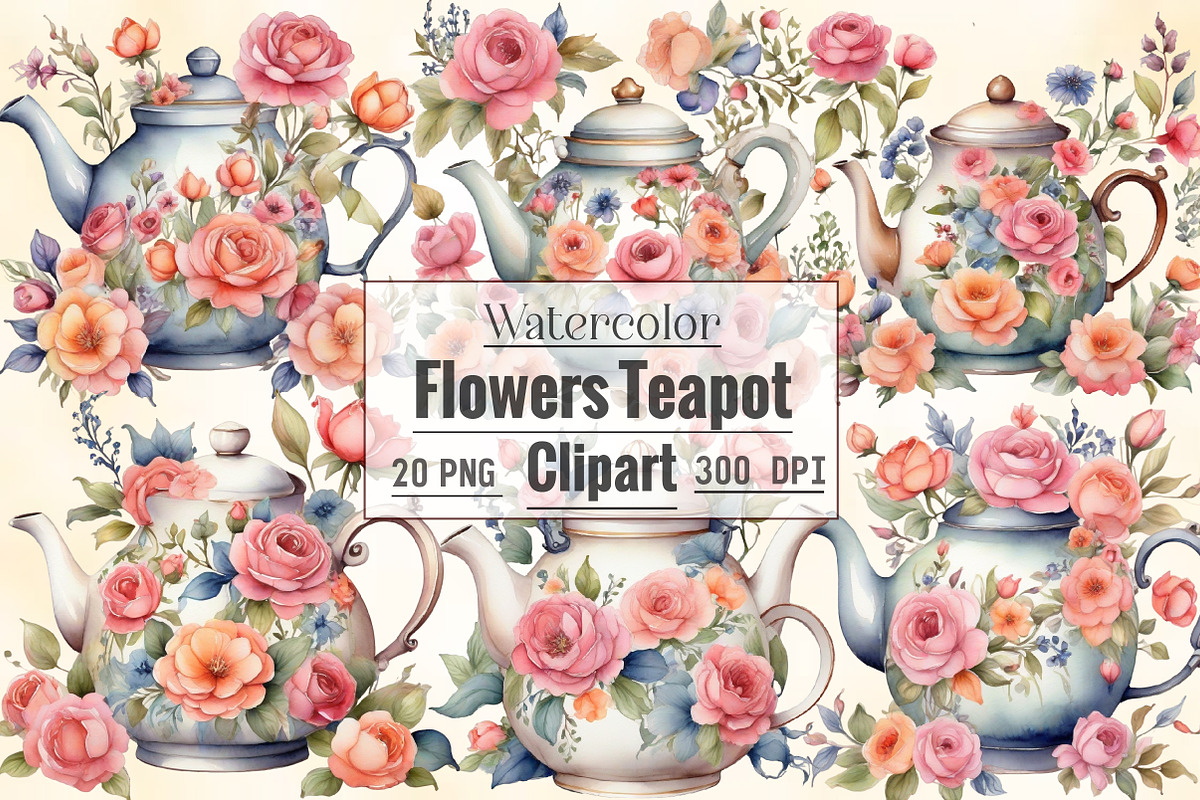 Watercolor Flowers Teapot Clipart, an Illustration by CraftArtStudio (Photo 1 of 7)
