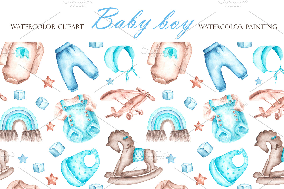 Baby boy watercolor set. Birthday., an Illustration by SabinaWatercolorArt (Photo 15 of 15)